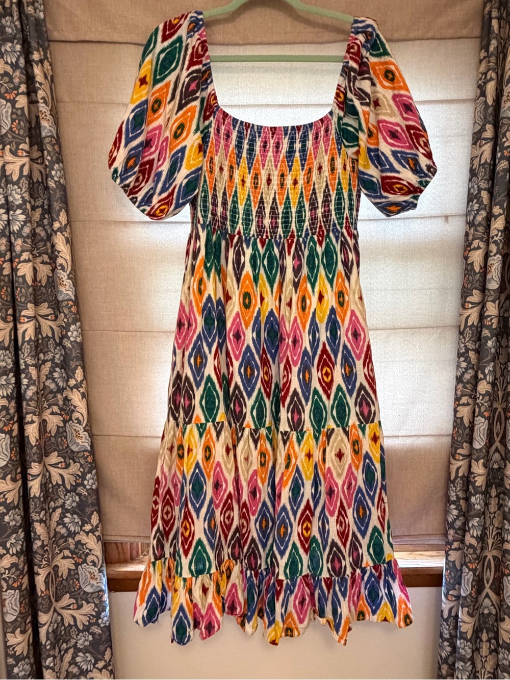 THML Multicolor Ikat Smocked Dress with Puff Sleeves